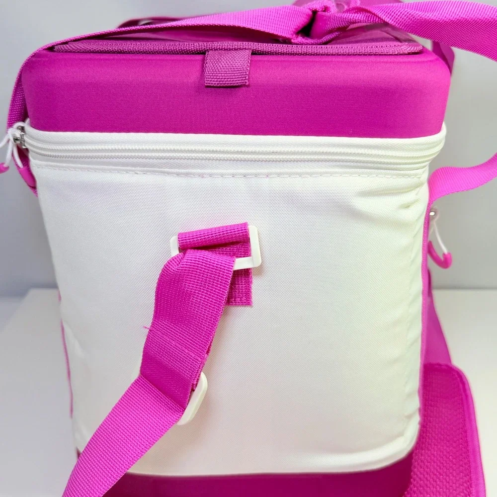 Pink and White Insulated Soft Cooler Bag with Cup Holders and Shoulder Strap